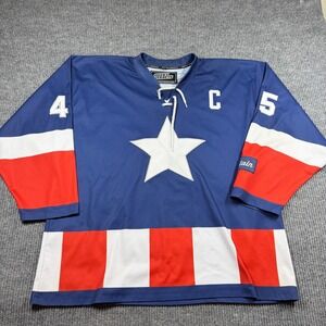 Geeky Jerseys Donald Trump 45 Captain America Hockey Jersey Mens 2XL Blue Red